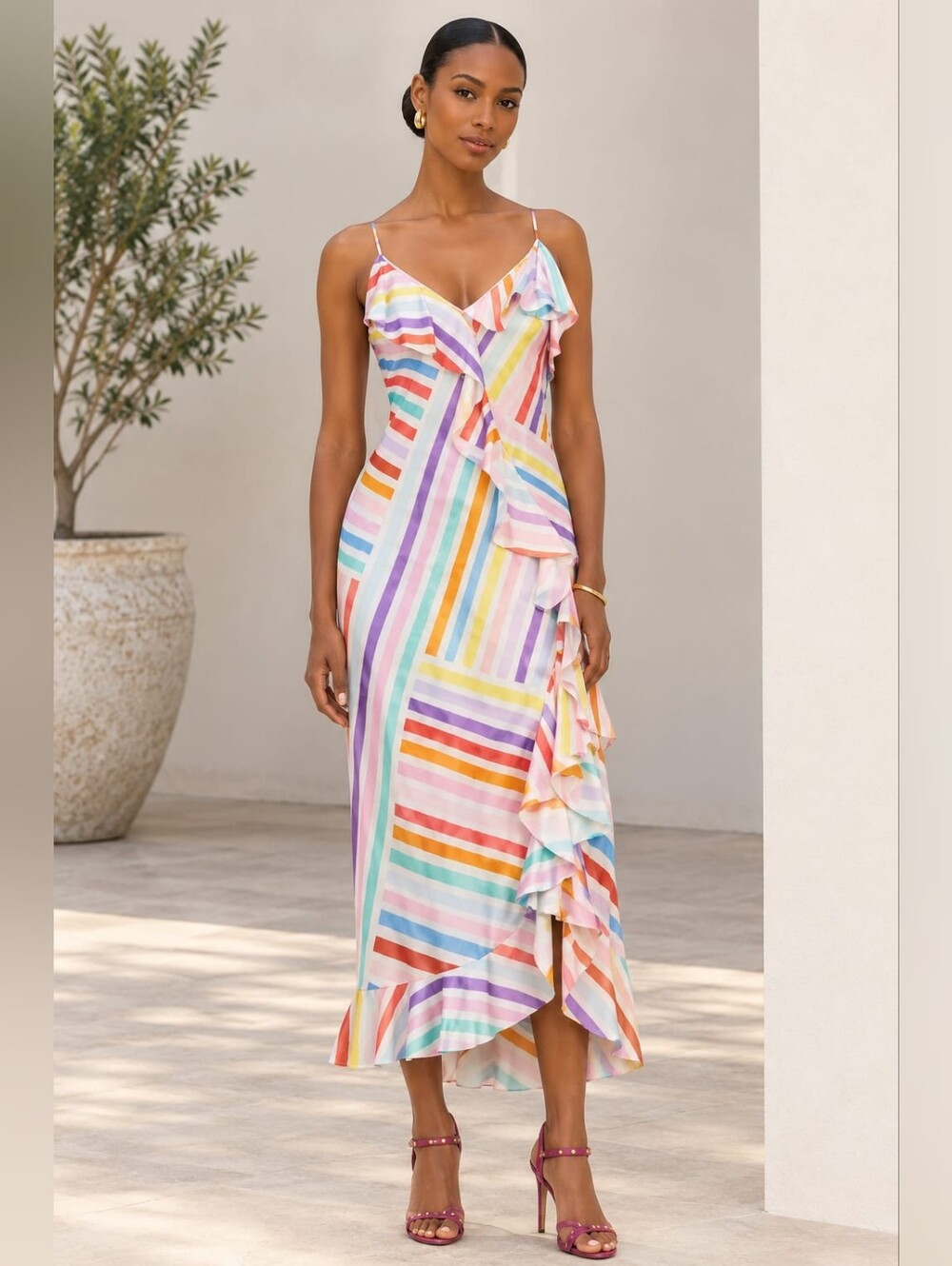 Brogger Edith Silk Rainbo Ruffle Slip Dress In Multicolors Yellow Blue Size M